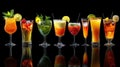 Ten assorted cocktails in elegant glassware on a reflective black surface Royalty Free Stock Photo