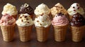 Ten assorted ice cream cones in waffle cups with various toppings