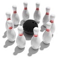 Ten bowling pins and ball