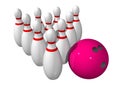 Ten bowling pins with a bowling ball Royalty Free Stock Photo