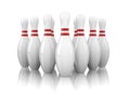 Ten bowling pins isolated on white Royalty Free Stock Photo