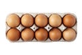 Ten brown eggs in a carton package isolated in white background. File contains clipping path Royalty Free Stock Photo