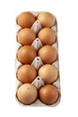 Ten brown eggs in a carton package isolated in white background. File contains clipping path Royalty Free Stock Photo