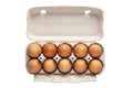 Ten brown eggs in a carton package isolated in white background. File contains clipping path Royalty Free Stock Photo