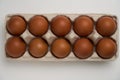 Ten brown eggs in carton on white with clipping path Royalty Free Stock Photo