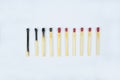 Ten burned matches arranged in a row showing the stages of a match burnt Royalty Free Stock Photo