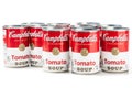 Ten can tins of Campbell`s brand tomato  soup Royalty Free Stock Photo