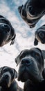 Ten Cane Corso dogs, closely grouped in a circular pattern, curiously looking down at the camera from a low angle Blurred outdoor Royalty Free Stock Photo