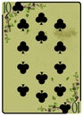 Ten of Clubs playing card. Unique hand drawn pocker card. One of 52 cards in french card deck, English or Anglo-American pattern.