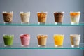 Ten colorful drinks in glasses on two shelves in a cafe Royalty Free Stock Photo
