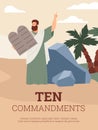 Ten commandments banner or poster with Biblical Moses flat vector illustration. Royalty Free Stock Photo