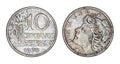 Ten cruzeiros cents brazilian old coin 1970, front and back faces isolated on white background