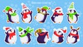 Ten cute penguin characters in different poses and hats. Merry Christmas or new year greetings. Pre-made stickers.Vector Royalty Free Stock Photo