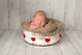 Newborn Baby Boy Sleeping in a Wooden Bucket Royalty Free Stock Photo