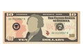 Ten dollar bill, 10 US dollars banknote, obverse, front side. Simplified vector illustration of USD on a white background