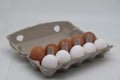 Ten eggs in a carton. A dozen raw white and brown eggs.