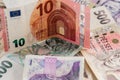 Ten euro bill over bills of czech krona Royalty Free Stock Photo
