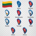 Ten flags the Counties of Lithuania - alphabetical order with name. Set of 3d geolocation signs like flags Counties of Lithuania