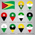 Ten flags of Guyana - alphabetical order with name. Set of 2d geolocation signs like flags Regions of Guyana. Ten 2d geolocation