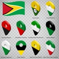 Ten flags of Guyana - alphabetical order with name. Set of 3d geolocation signs like flags Regions of Guyana. Ten 3d geolocation