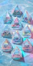 Ten floating holographic pyramids arranged in a circular formation, neon highlights against a cosmic ice background Eight Royalty Free Stock Photo