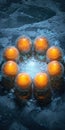 Ten glowing alien eggs in a circular arrangement, surrounded by crystalline structure and ice-like background Each sphere features Royalty Free Stock Photo