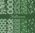 Ten Halloween seamless patterns. Pattern with Lamp Jack, witch with bats. Halloween symbols. Royalty Free Stock Photo