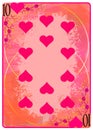 Ten of Hearts playing card. Unique hand drawn pocker card. One of 52 cards in french card deck, English or Anglo-American pattern