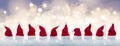 Row of tiny Santa Claus hats in the snow Royalty Free Stock Photo