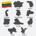 Ten Maps counties of Lithuania- alphabetical order with name. Every single map of County are listed and isolated with wordings and