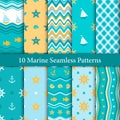 Ten marine seamless patterns in orange and blue colours Royalty Free Stock Photo