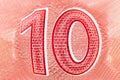 Ten number 10. Fisheye macro close up of red textured figures on blurred background as rating symbol