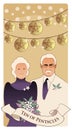 Ten of pentacles. Tarot cards. Elegant and happy elderly couple, under bright lights and ten golden pentacles