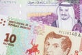 A peso note from Argentina, close up with a Saudi riyal bill