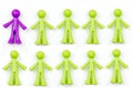 Ten pieces of generic, human shaped plastic pieces in green and purple