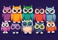 Ten realistic Chibi night owls standing in next to each other, each owl has feathers wit, AI generated