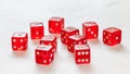 Ten red translucent craps dices on white board showing different numbers