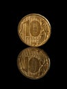 10 Ten rubles Russian coin with mirror reflection isolated on black background