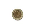 A ten Russian rubles coin on white background