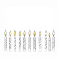 Ten Striped Celebration Candles Lit in a Row with Bright Flames on a White Background Royalty Free Stock Photo