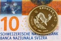 Ten Swiss Franc note with a gold Krugerrand one ounce coin Royalty Free Stock Photo