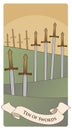 Ten of swords. Tarot cards. Ten swords stuck on the ground in the countryside