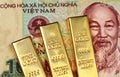 A ten thousand Vietnamese dong note with three gold bars