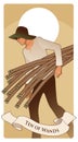 Ten of wands. Tarot cards. Young man with hat, carrying ten sticks, with the sun in the background