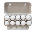Ten white chicken eggs in a carton box package with an open lid. Isolated on white background, top view Royalty Free Stock Photo
