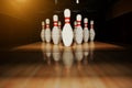 Ten white pins in a bowling alley lane Royalty Free Stock Photo