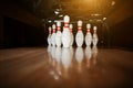 Ten white pins in a bowling alley lane Royalty Free Stock Photo