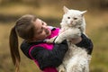 Ten-year girl playing with a stray cat. Love. Royalty Free Stock Photo