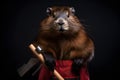 Tenacious Beaver with Carpenter\'s Tool Belt Portrait. Generative AI illustration