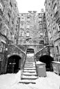 Tenants buildings with large staircase, Edinburgh, Scotland covered with snow